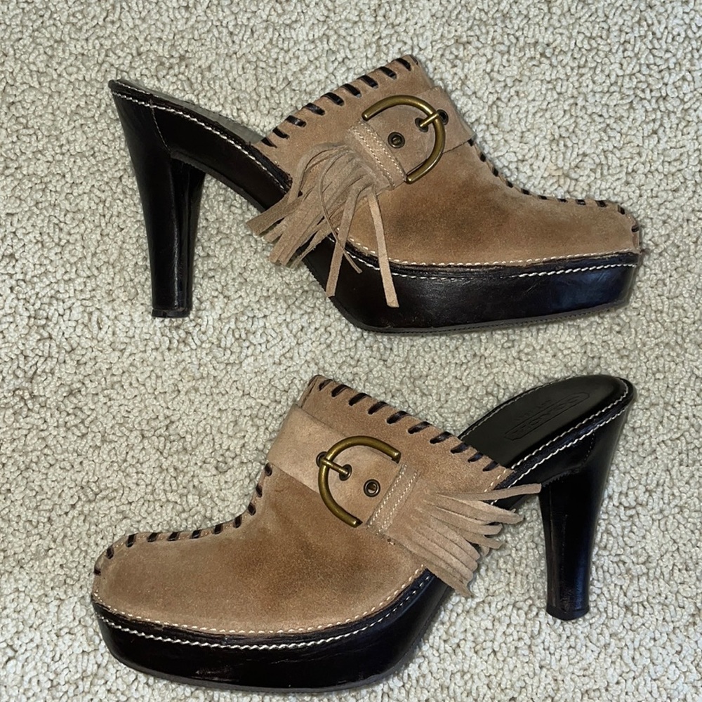 Coach Tan Suede Tassel Mules Clogs